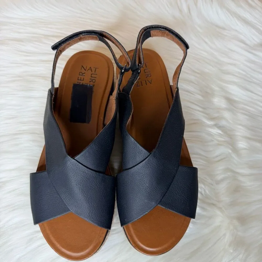 Naturalizer Baya Wedge Sandal Strappy Buckle Black Brown Size 8.5